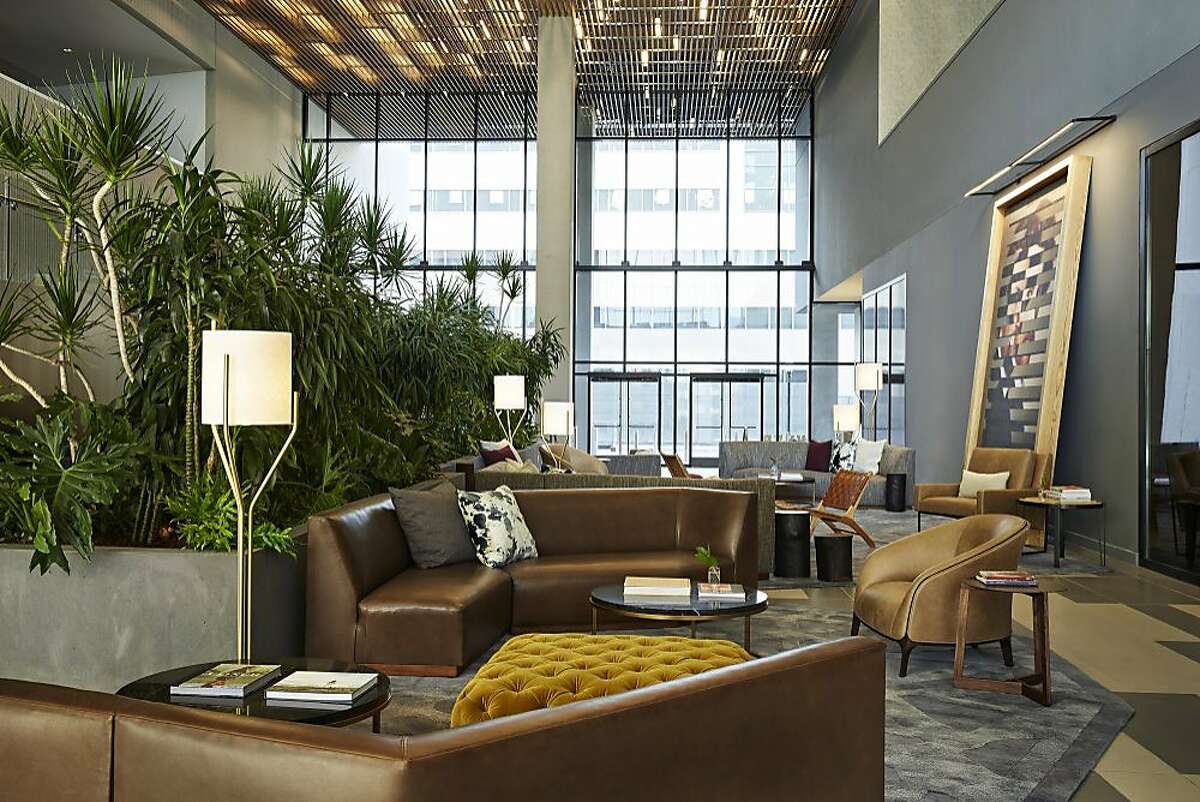 The living room area in the lobby of the Kimpton Sawyer hotel in Sacramento.