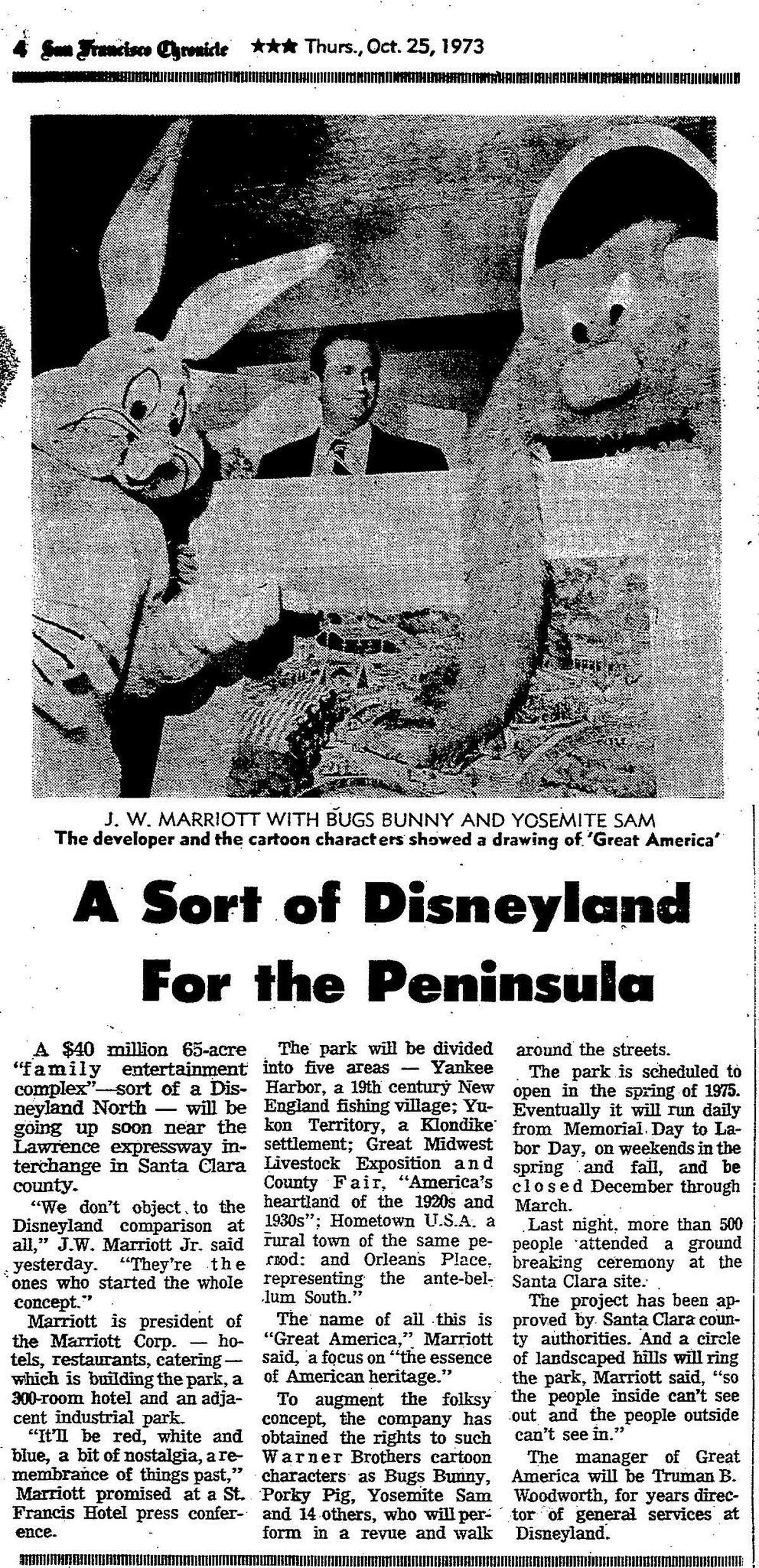 October 25, 1973 Chronicle coverage of the announcement of a new amusement park, Marriott's Great America.