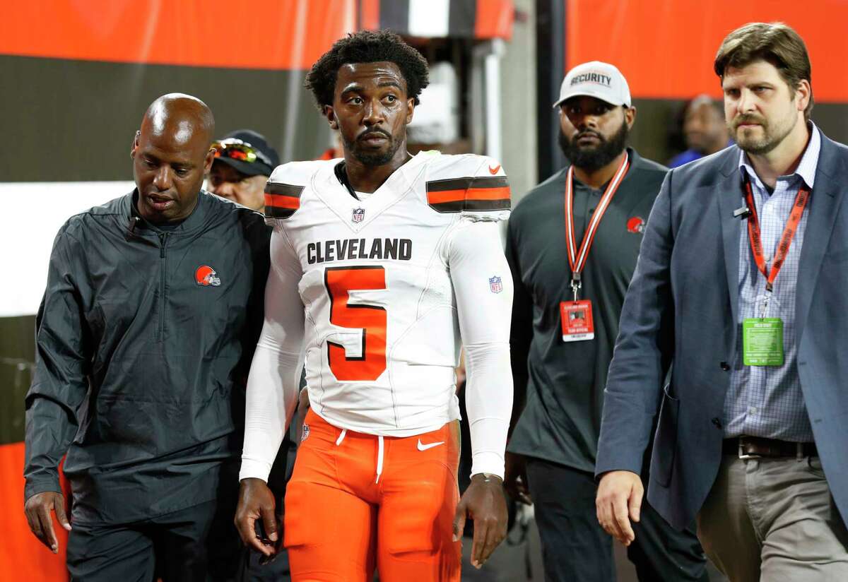 Cleveland Browns quarterback Tyrod Taylor (5) walks to the locker room during the first half of an NFL preseason football game against the Philadelphia Eagles, Thursday, Aug. 23, 2018, in Cleveland. (AP Photo/Ron Schwane)