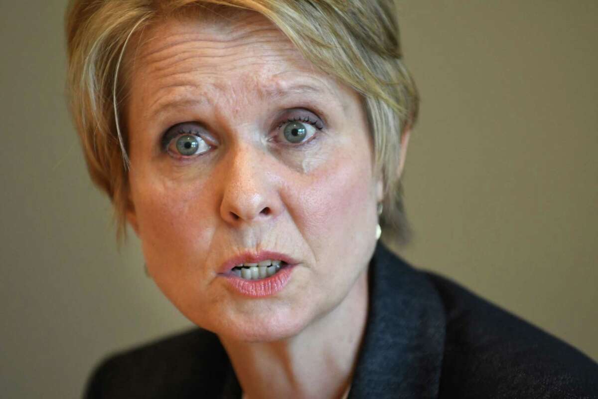 Democratic gubernatorial primary candidate Cynthia Nixon speaks to the Times Union editorial board on Thursday, Aug. 23, 2018, at Times Union in Colonie N.Y. (Will Waldron/Times Union)