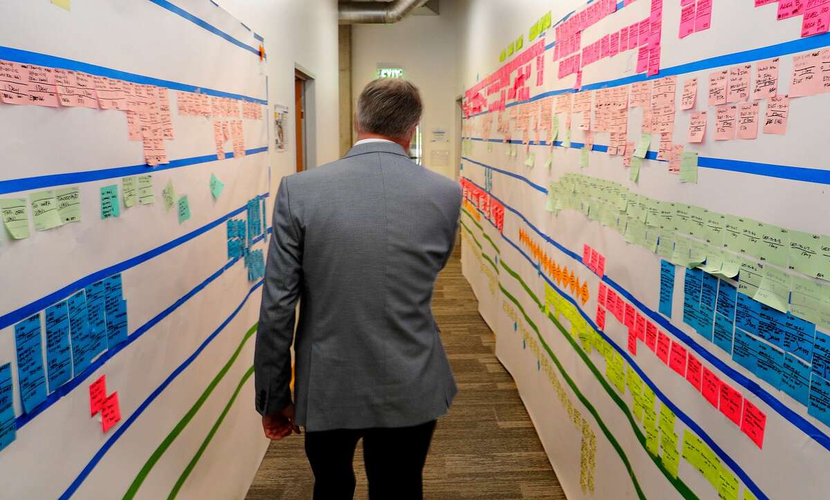 Warriors President and Chief Operating Officer Rick Welts walks by a past up progress board in the construction offices of the still-under-construction Chase Center in San Francisco, Calif., on Tuesday, August 21, 2018.