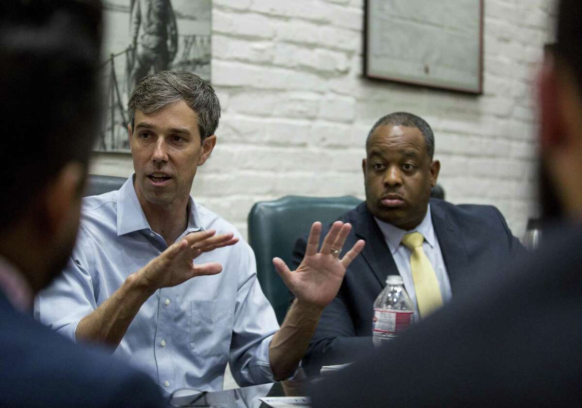 Texas Senate candidate Beto O'Rourke speaks with local lawyers and activists about overall criminal justice reform. Wednesday, Aug. 22, 2018, in Houston.