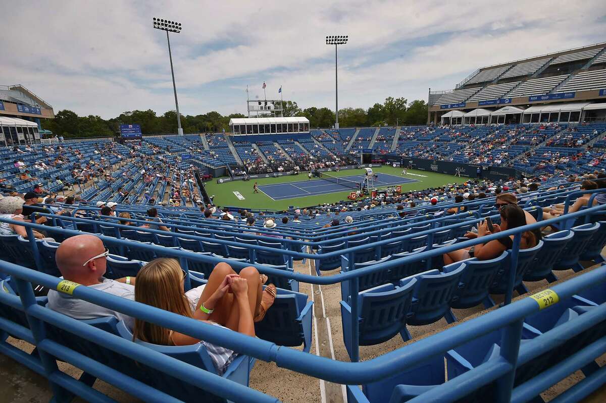 Fans watch the doubles championship match at the Connecticut Open on Saturday.