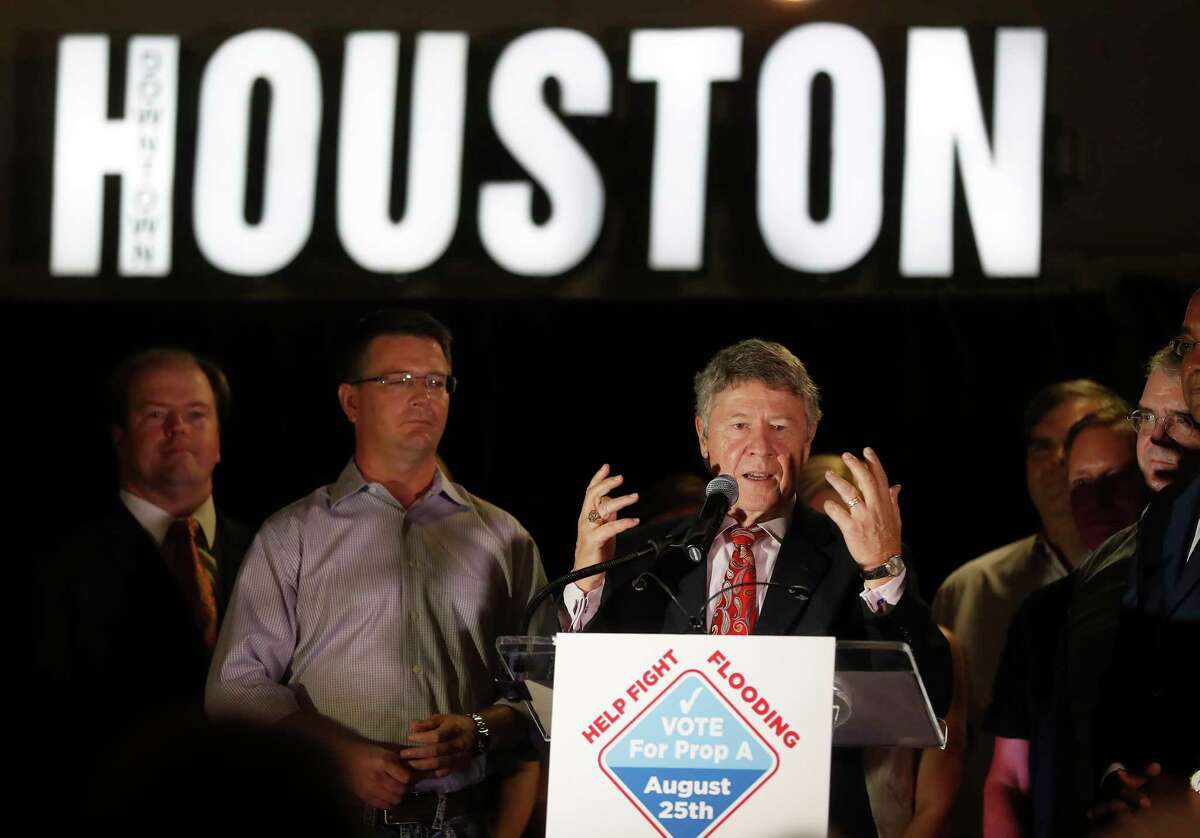 Harris County Judge Ed Emmett speaks during the Proposition A-County Flood Bond election watch party at Jackson Street BBQ, Saturday, August 25, 2018, in Houston. Proposition A is a $2.5 billion bond proposal to help finance a 10- to 15-year program of flood mitigation projects including improved drainage, upgraded warning systems, home buyouts, and construction of more storm water detention basins.