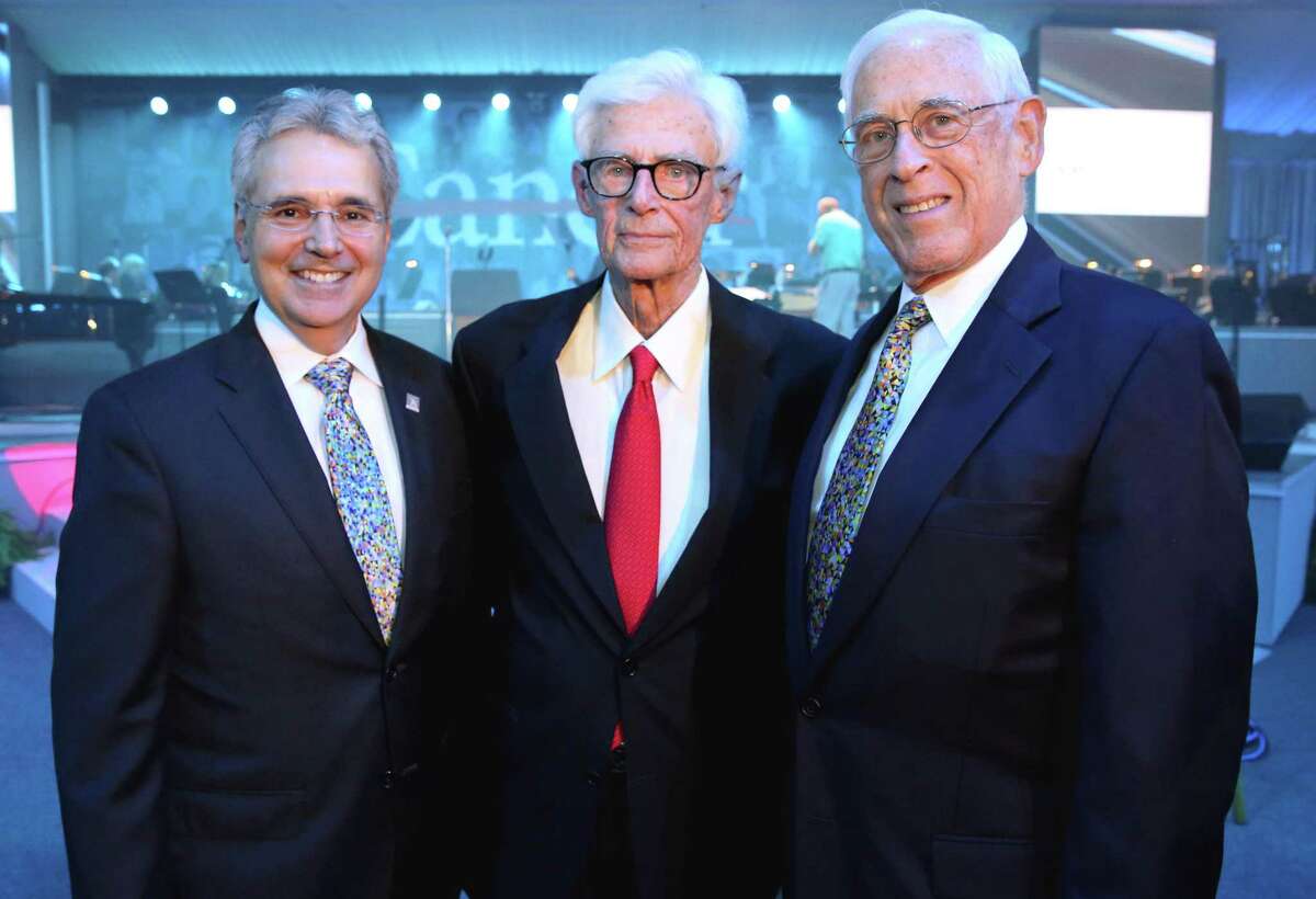 Dr. Ronald DePinho, left, president of University of Texas MD Anderson Cancer Center, Dr. Charles LeMaistre and Dr. John Mendelsohn pose for a photo before the 75th Anniversary Gala of Thursday, Nov. 10, 2016, in Houston. LeMaistre and Mendelsohn were MD Anderson's second and third presidents, respectively. (Yi-Chin Lee / Houston Chronicle )
