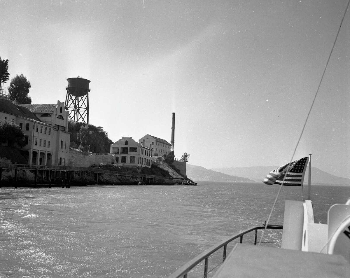 Alcatraz seen from the east as a boat approaches the island on Sept. 3, 1952.
