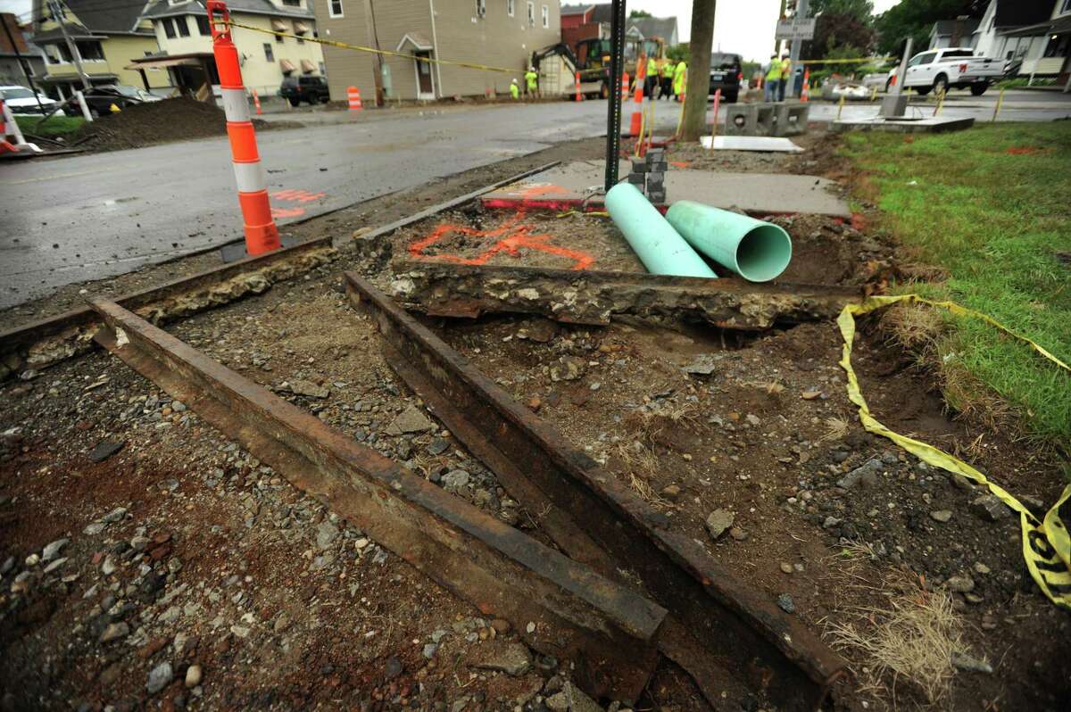 Trolley tracks were unearthed during the reconstruction of Wakelee Avenue in Ansonia in July. The city has plans to use the tracks in the construction of a gateway arch.