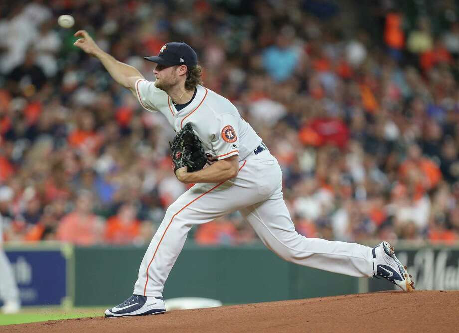 Houston Astros launches pitcher Gerrit Cole (45) throws in Houston during an MLB game at Minute Maid Park Monday, August 27, 2018. Photo: Steve Gonzales, Staff Photographer / © 2018 Houston Chronicle