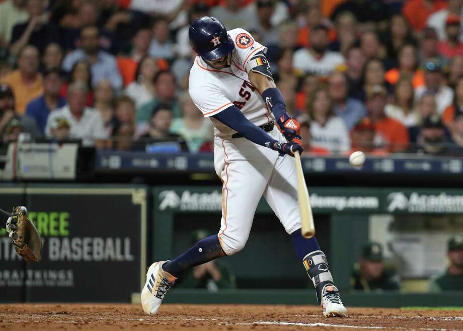 Houston Astros shortstop Carlos Correa (1) gets a goal in the third inning during an MLB match at Minute Maid Park Monday, August 27, 2018, in Houston. Photo by: Steve Gonzales, Staff Photographer © 2018 Houston Chronicle