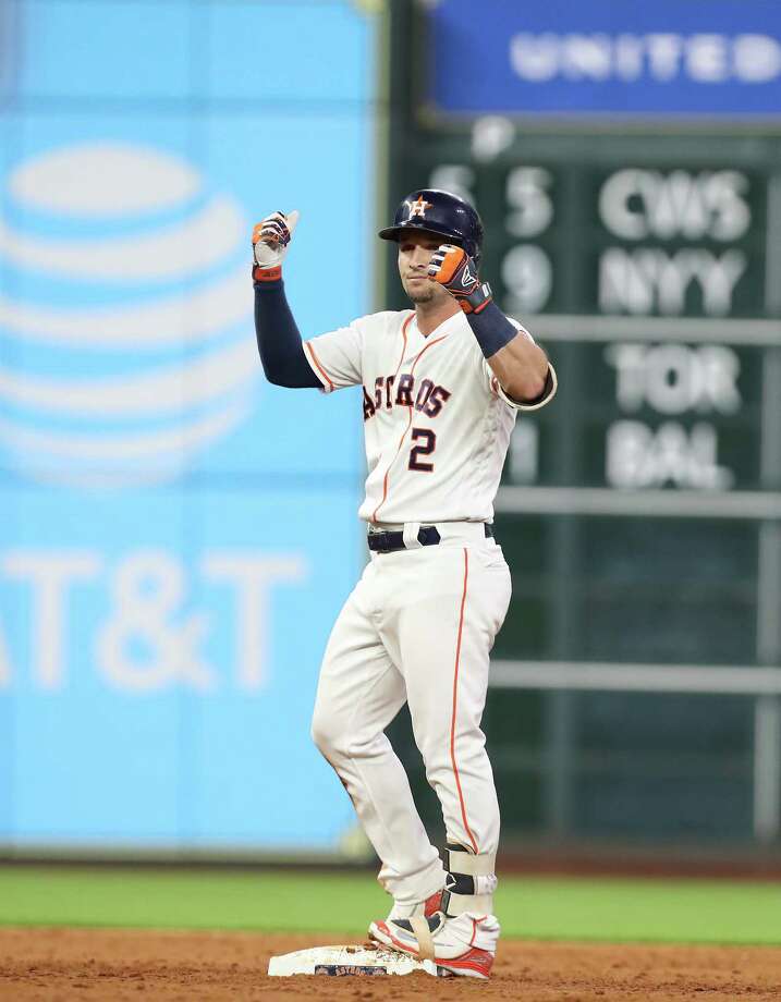Alex Bregman of Houston Astros (2) reacts to the bench after scoring a goal in the third inning in a Maiden game at Minute Maid Park in Houston on Monday, August 27, 2018. Houston Chronicle