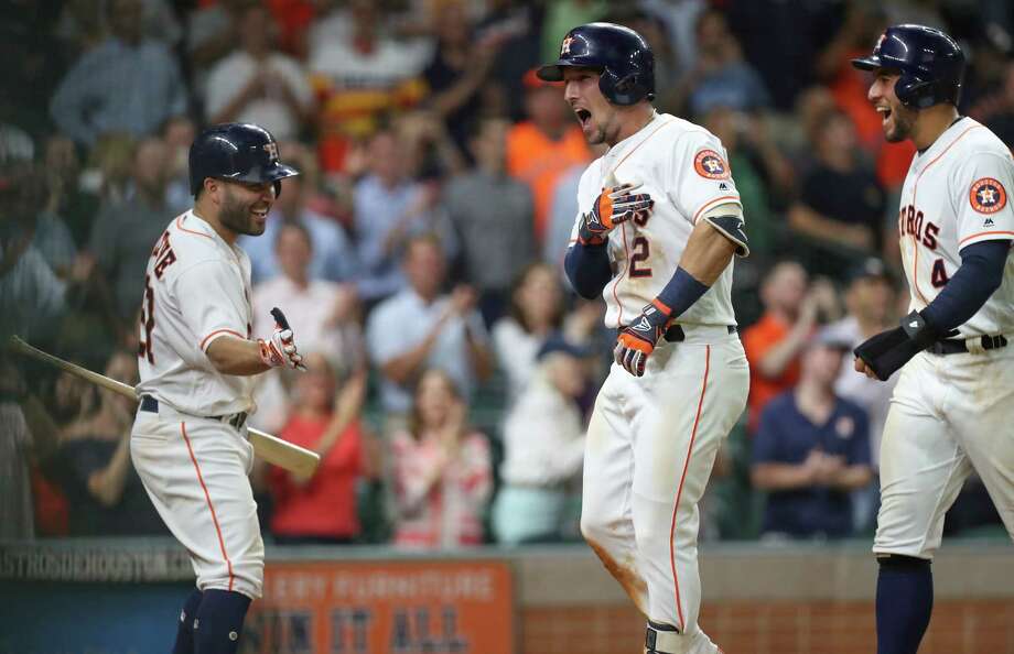 Alex Bregman (2) 8th inning has taken place Monday, August 27, 2018, in Houston. Houston Astros Third baseman Alex Bregman (2) is greeted by Houston Astros Centerfielter Houston Astro's second baseman Jose Altuve (27) and George Springer (4) in the 8th minute Inning during an MLB game at Minute Maid Park Monday, August 27, 2018, in Houston. less </div>
<div class=