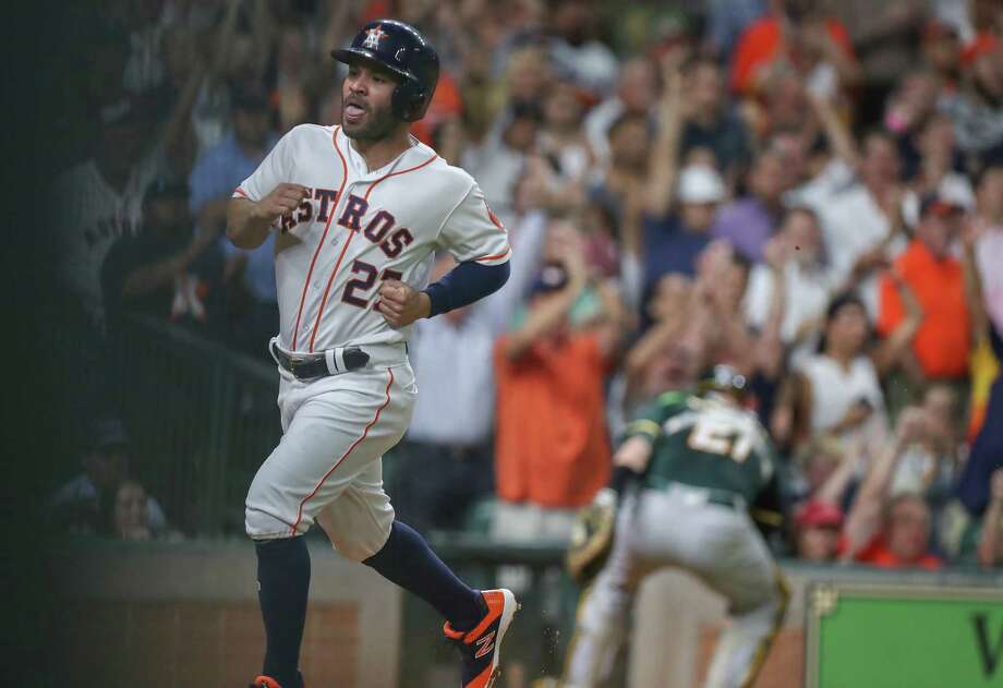 Houston Astros second baseman Jose Altuve (27) scores a run in the third inning during an MLB game at Minute Maid Park Monday, August 27, 2018, in Houston. Houston Astro's second baseman Jose Altuve (27) scores a run in the third inning during an MLB match at Minute Maid Park on Monday, August 27, 2018, in Houston. </p>
<p> Jose Altuve (27), the second baseman of Houston Astros, lands at the MLB game at Minute Maid Park in Houston on Monday, August 27, 2018 </p>
<p> <!-- e design/gallery/caption_redesign.tpl --></p>
<p> <!-- design/gallery/caption_redesign.tpl --><br />
<span class=