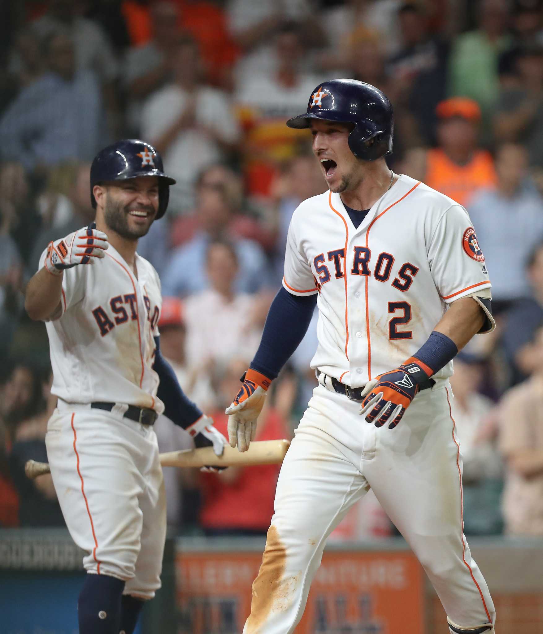 June 18, 2016: Houston Astros first baseman Marwin Gonzalez (9) celebrates  in the dugout after a home run in the first inning during the the Major  League Baseball game between the Cincinnati