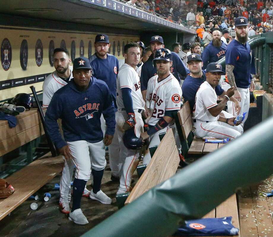 The Houston Astros give the Bergman look to Houston Astros third baseman Alex Bregman (2) hit a homer in the 8th inning during an MLB game at Minute Maid Park Monday, August 27, 2018, in Houston. Houston Chronicle