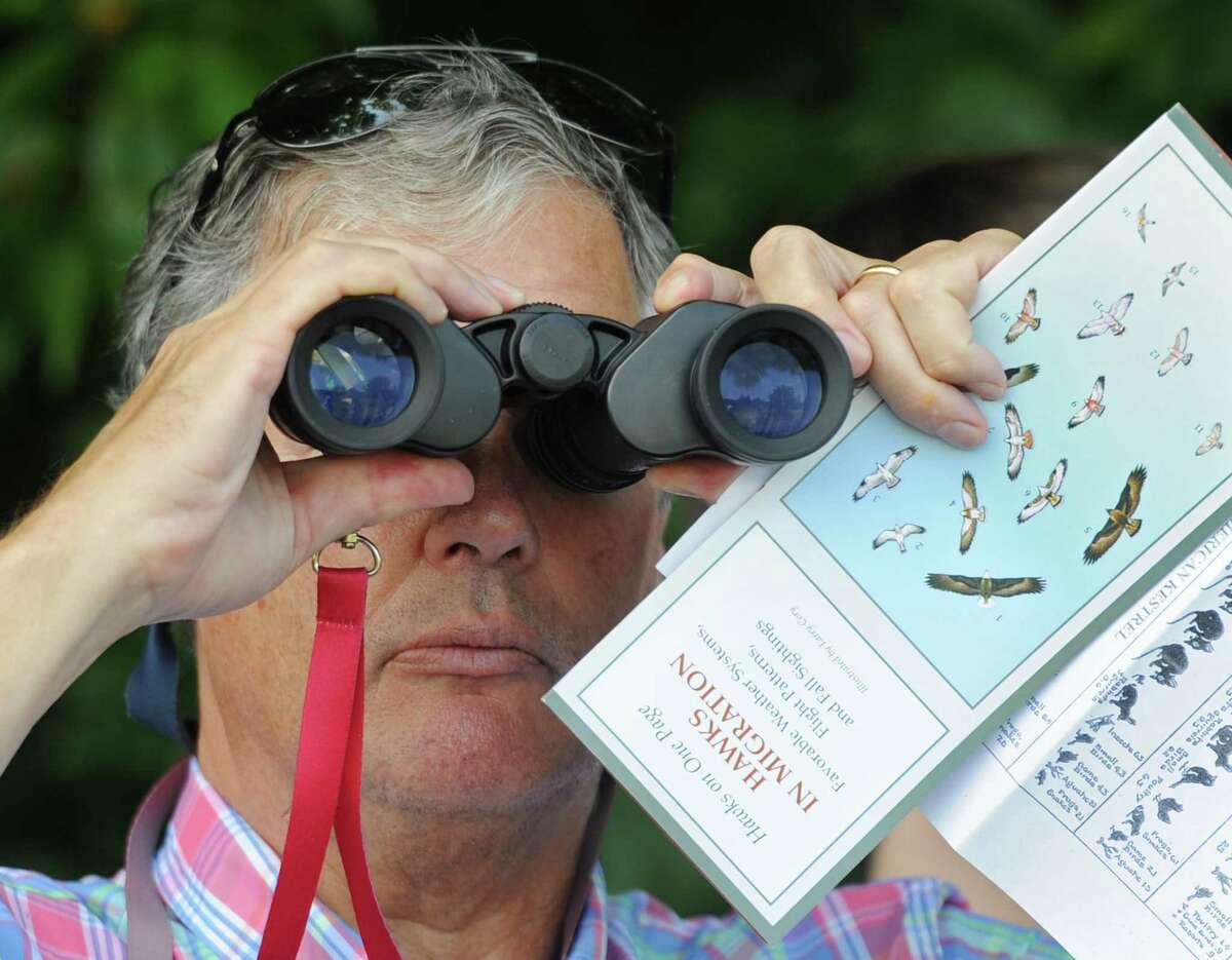 Old Greenwich resident Kees van Meel looks through binoculars in search of migratory raptors during the hawk and raptor identification event at Audubon Greenwich in Greenwich, Conn. Tuesday, Aug. 28, 2018. Folks learned about migratory patterns and how to identify different species of hawks and raptors in flight using binoculars. An average of 20,000 hawks, eagles, falcons and vultures migrate over the Quaker Ridge Hawk Watch held every fall at Greenwich Audubon. The 20th Annual Fall Festival & Hawk Watch will take place Sept. 15 and 16 from 11 a.m. to 4 p.m. at Audubon Greenwich.