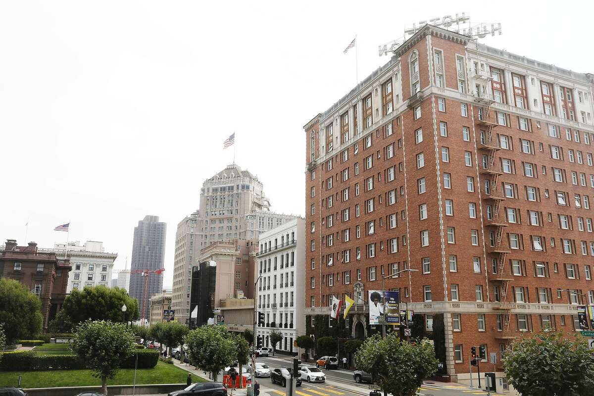 The Scarlet Huntington (right), the Intercontinental Mark Hopkins (left of center with American flag atop), the Stanford Court Hotel (directly left of Intercontinental Mark Hopkins) and Fairmont San Francisco (partially seen second from left) are seen on Monday, August 27, 2018 in San Francisco, Calif.