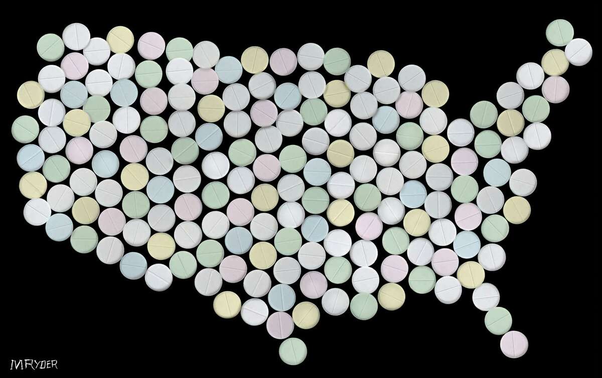 This artwork by M. Ryder refers to the rise in opiod addiction in the U.S.