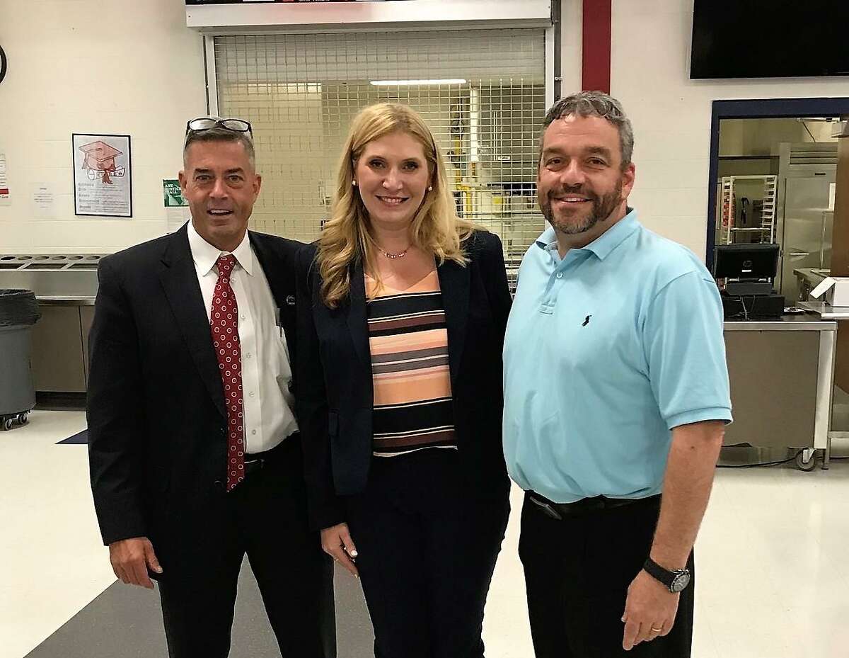 Derby Superintendent of Schools Matthew Conway,left will be soliciting bids from consulting firms to assist the Ansonia-Derby School Regionalization committee of which Jim Gildea, right, is a co-chair. In the middle is Derby’s Irving School Principal Aimee Misset.