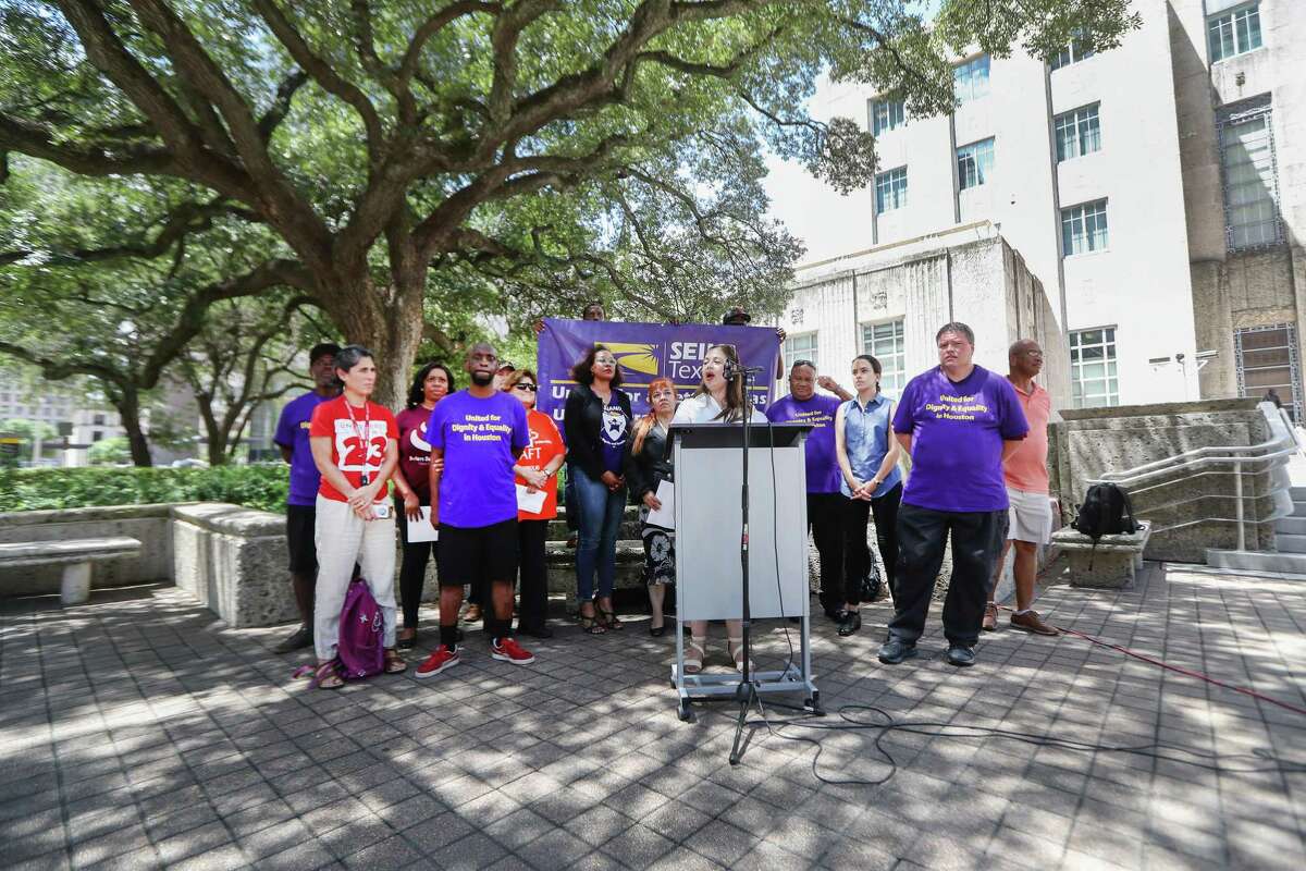 Elsa Caballero, president of SEIU Texas address members of media held a press conference at Houston City Hall Tuesday, Aug. 28, 2018, in Houston.