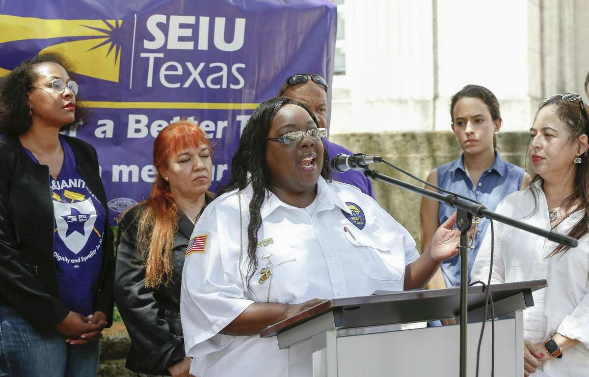 The City Hall security officer Alesia Horton spoke during a press conference for SEIU Texas and UNITE HERE at Houston City Hall Tuesday, Aug. 28, 2018, in Houston.