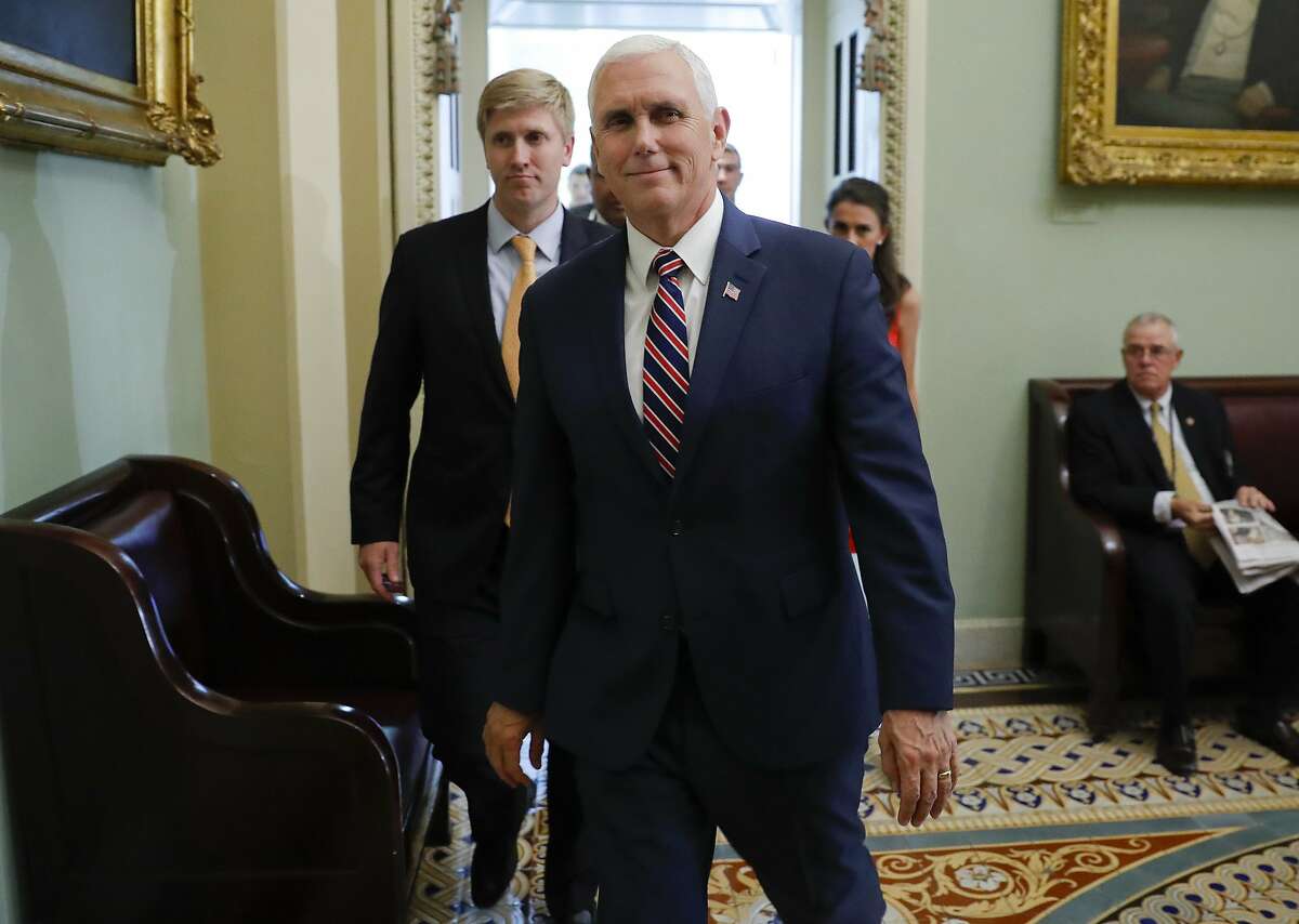 Vice President Mike Pence is seen leaving U.S. Capitol in Washington after attending weekly policy luncheons with Republican leadership, Tuesday, Aug. 28, 2018 in Washington. (AP Photo/Pablo Martinez Monsivais)