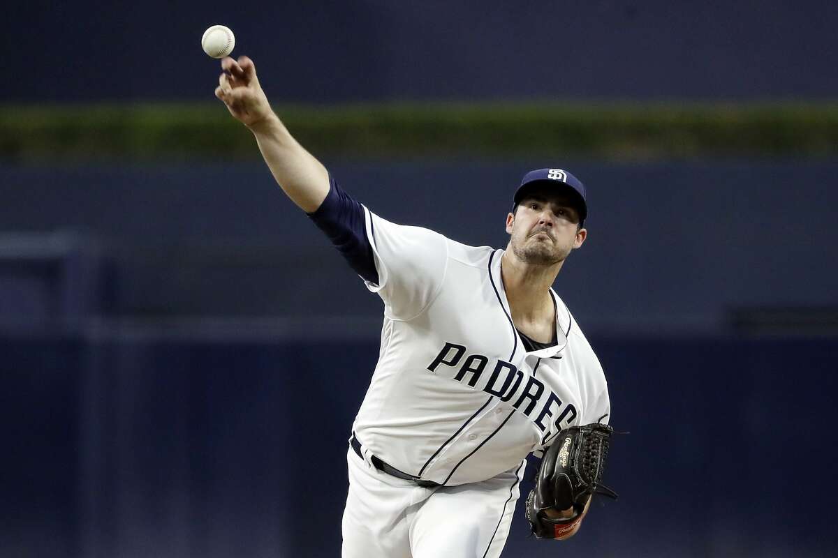 San Diego Padres starting pitcher Jacob Nix works against a Seattle Mariners batter during the first inning of a baseball game, Tuesday, Aug. 28, 2018, in San Diego. (AP Photo/Gregory Bull)