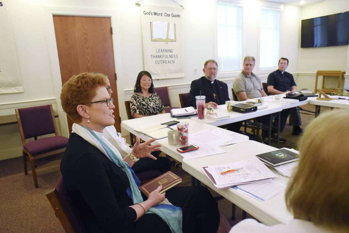 The Rev. Susan Jennifer Briner, the bishop-elect of the Southwestern Texas Synod of the Evangelical Lutheran Church of America, meets with deans that represent the 130 congregations in her synod on Tuesday, Aug. 28, 2018. She was one of six women to be elected bishop in the church overall this year, setting a record for the most women chosen in one year to lead the denomination?’s geographical subdivisions.