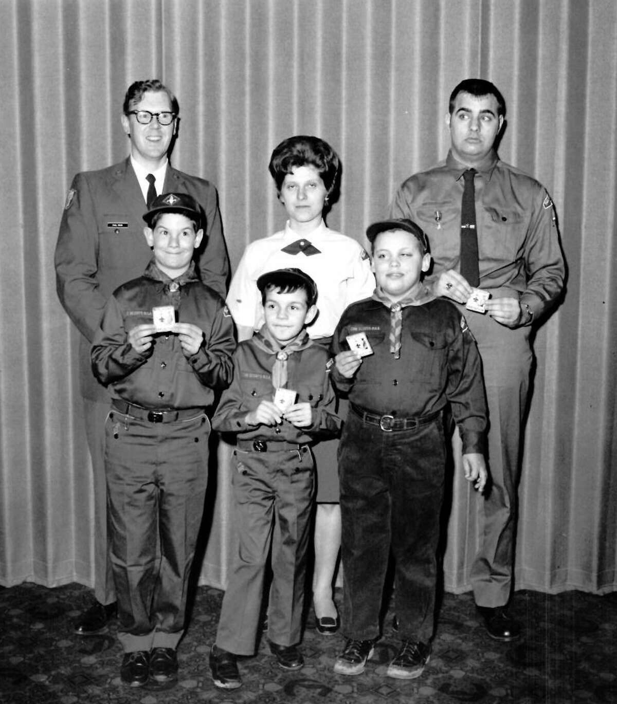Scout Night at Civitan Club. Among Scouts honored are, from left, Cub Scouts Tony Naples, Jamie Pitts and Eddie Braley of Cub Pack 18. In back, from left, Paul Price, Chippewa District Scout executive in charge of program, Mrs. Patrick Naples, den mother, and Richard Stuff, assistant Scoutmaster. February 1969