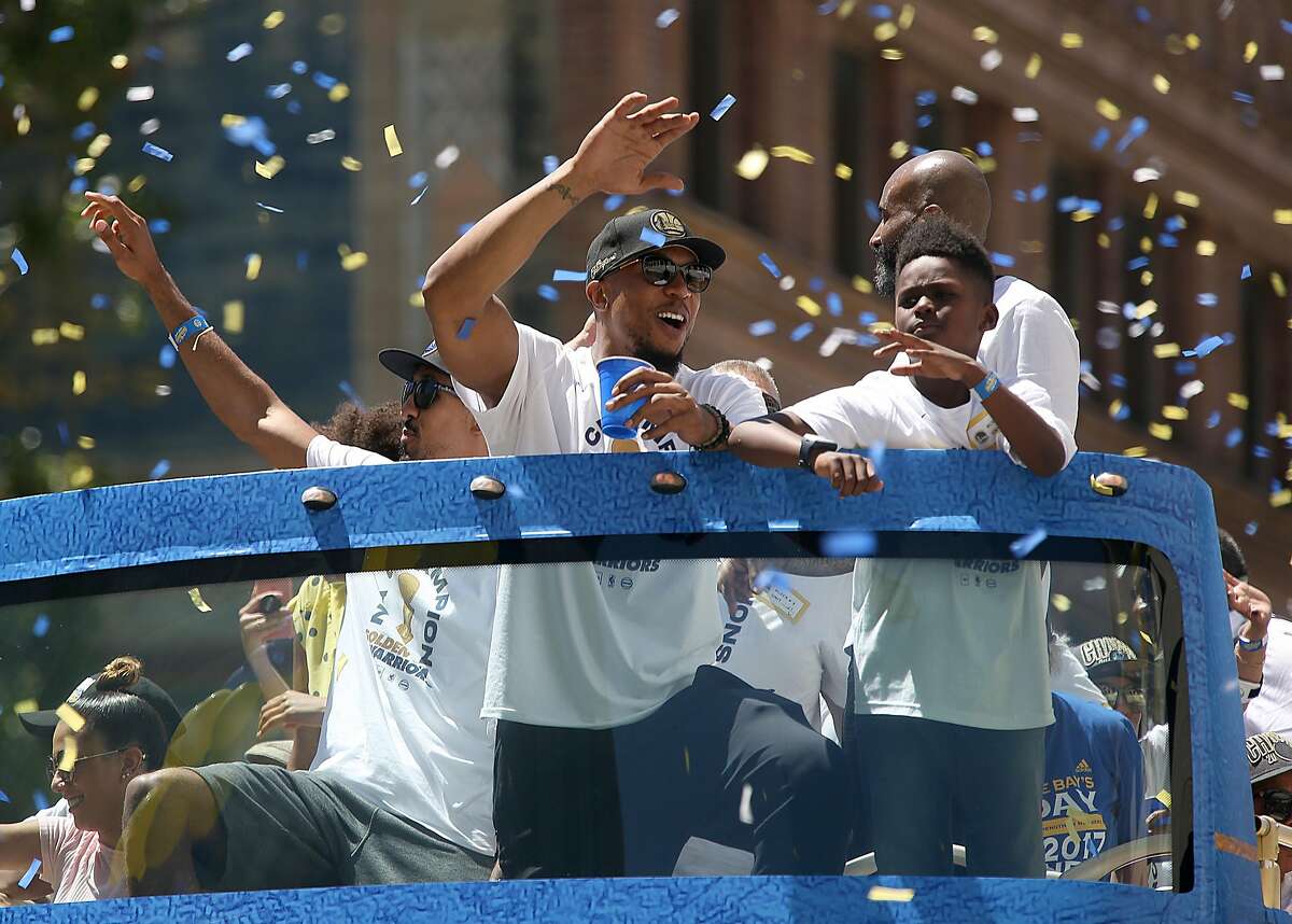 Warrior's David West greets fans on Broadway at 20th streets during the City of Oakland Championship Parade on Tuesday, June 12, 2018 in Oakland, Calif.