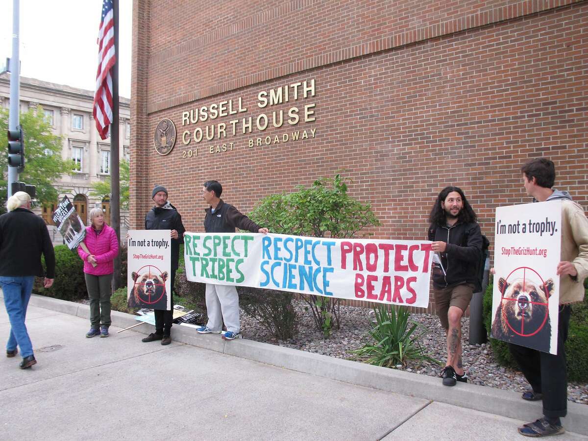 A small group of grizzly bear advocates protest outside the U.S. District Court in Missoula, Montana, on Thursday, August 30, 2018. Wildlife advocates pressed a Montana judge Thursday to restore federal protections for a group of about 700 grizzly bears and block hunting that's set to begin this weekend, but the judge said he would not make an immediate ruling. (AP Photo/Matt Volz)