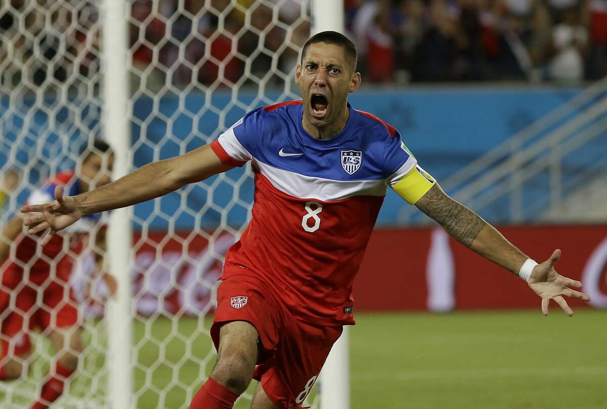FILE - In this June 16, 2014, file photo, United States' Clint Dempsey celebrates after scoring the opening goal during the group G World Cup soccer match between Ghana and the United States at the Arena das Dunas in Natal, Brazil. Former U.S. national team captain and Seattle Sounders striker Clint Dempsey has announced his retirement, effective immediately. In a statement issued Wednesday, Aug. 29, 2018, by the Sounders, the 35-year-old Dempsey said he believes it's the right time to step away from the game. (AP Photo/Ricardo Mazalan)