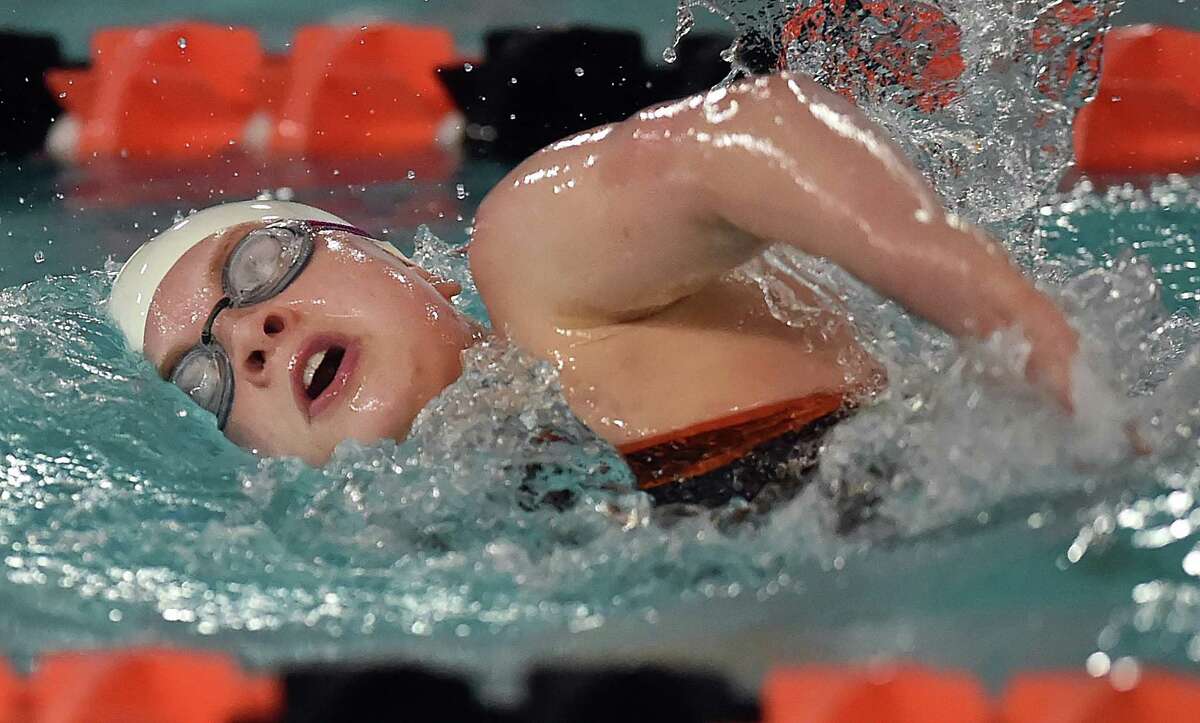 Shelton junior Emma Parkes places first in 5:41.02 in the 500 yard freestyle against in a dual meet against Guilford and Branford, Wednesday, Oct. 11, 2017, at the Shelton Community Center pool in Shelton. The Gaels defeated Guilford, 120-47 and Branford, 101-67.