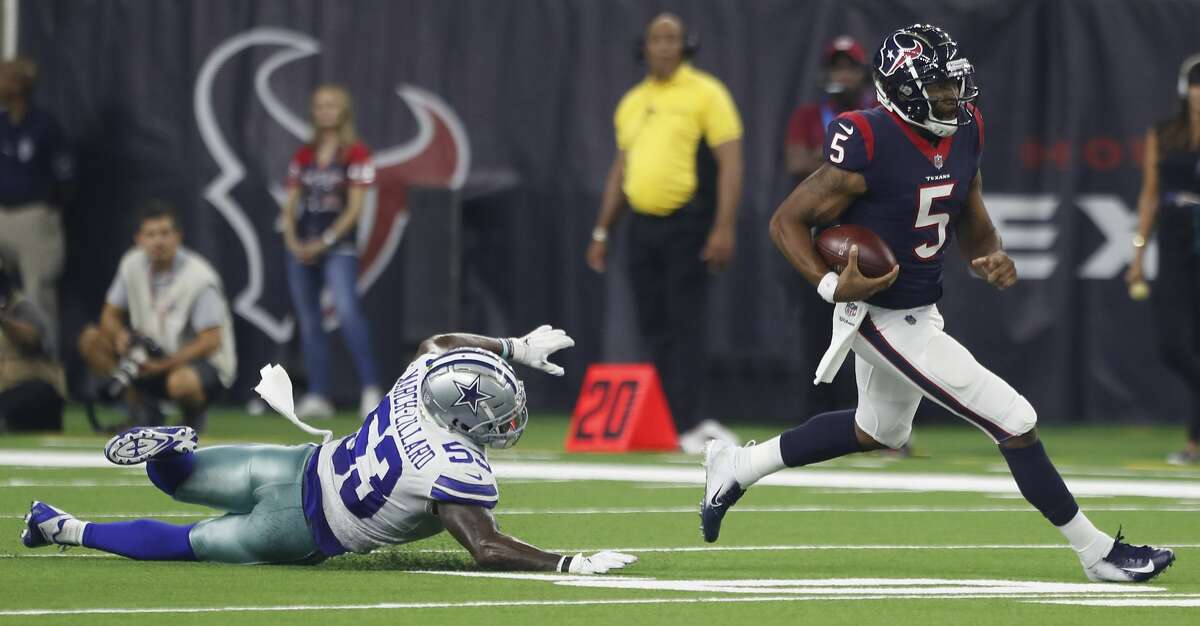Houston Texans quarterback Joe Webb (5) breaks away from Dallas Cowboys linebacker Justin March-Lillard (53) during the first quarter of an NFL preseason football game at NRG Stadium on Thursday, Aug. 30, 2018, in Houston.