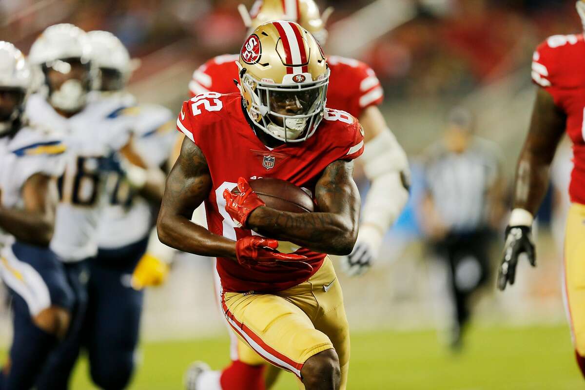 FILE -- San Francisco 49ers wide receiver Richie James (82) during an NFL game against the Los Angeles Chargers at Levi's Stadium on Thursday, Aug. 30, 2018, in Santa Clara, Calif. James is on the inactive list for Sunday's game.