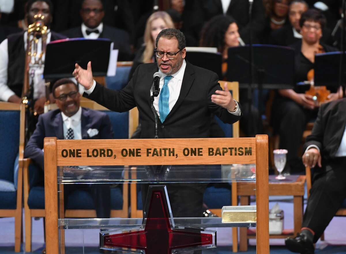 Sociology professor Michael Eric Dyson speaks at Aretha Franklin's funeral at Greater Grace Temple on August 31, 2018 in Detroit, Michigan. (Photo by Angela Weiss / AFP) (Photo credit should read ANGELA WEISS/AFP/Getty Images)
