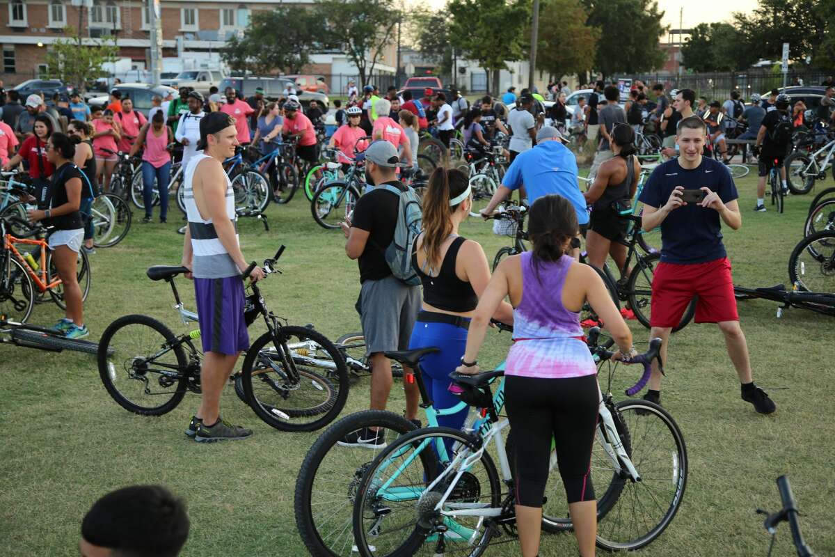 Hundreds of bicyclist of all different skill level tour the city for Critical Mass Houston, a casual bike ride Friday, Aug. 31, 2018.