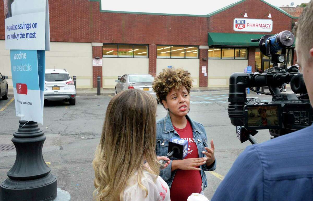 Dorcey Applyrs, Albany Common Council member, speaks with reporters about the planned closure of the Rite Aid in the South End of Albany Friday August 31, 2018 in Albany, NY. Rite Aid was recently taken over by Walgreens, and the decision was made following the merger. (John Carl D'Annibale/Times Union)