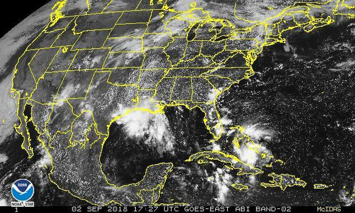 A satellite look at the storm system moving toward southeast Texas from Louisiana on Sunday, Sept. 2, 2018.