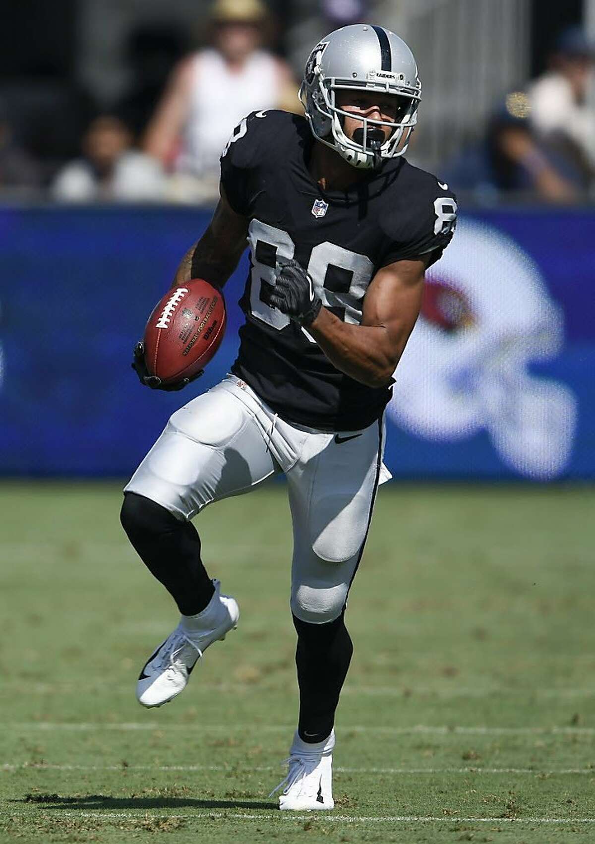 Oakland Raiders wide receiver Marcell Ateman in action during the second half in an NFL preseason football game against the Los Angeles Rams Saturday, Aug. 18, 2018, in Los Angeles. (AP Photo/Kelvin Kuo)