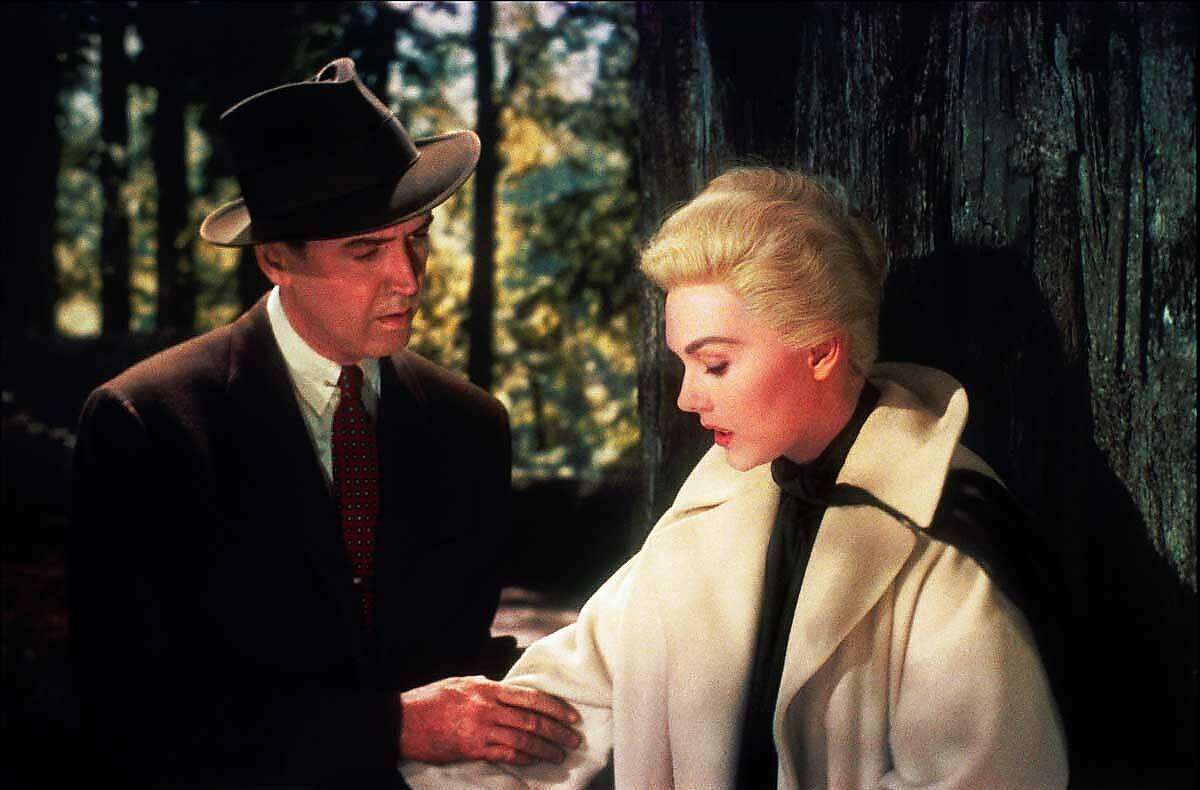 This image released by Universal Studios shows Jimmy Stewart, left, and Kim Novak in a scene from "Vertigo." On Sunday, as part of the TCM Big Screen Classics series, “Vertigo” will be back in theaters with an encore on Wednesday, March 21. (Universal Studios via AP)