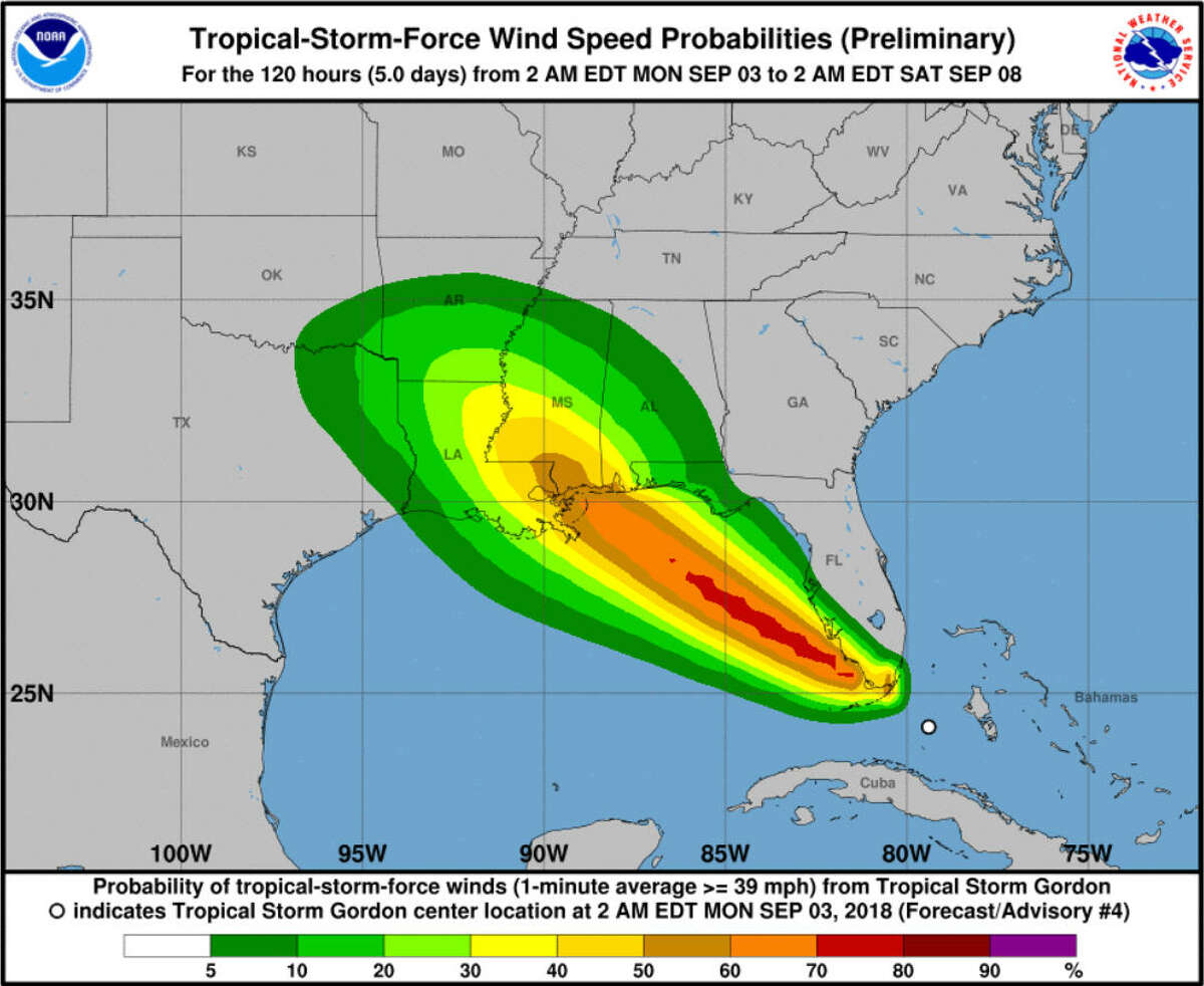 An illustration shows wind speed probabilities of Tropical Storm Gordon as of 2 a.m. on Sept. 3, 2018. The National Weather Service is warning residents in Florida, Mississippi and Louisiana to prepare for hazardous weather.