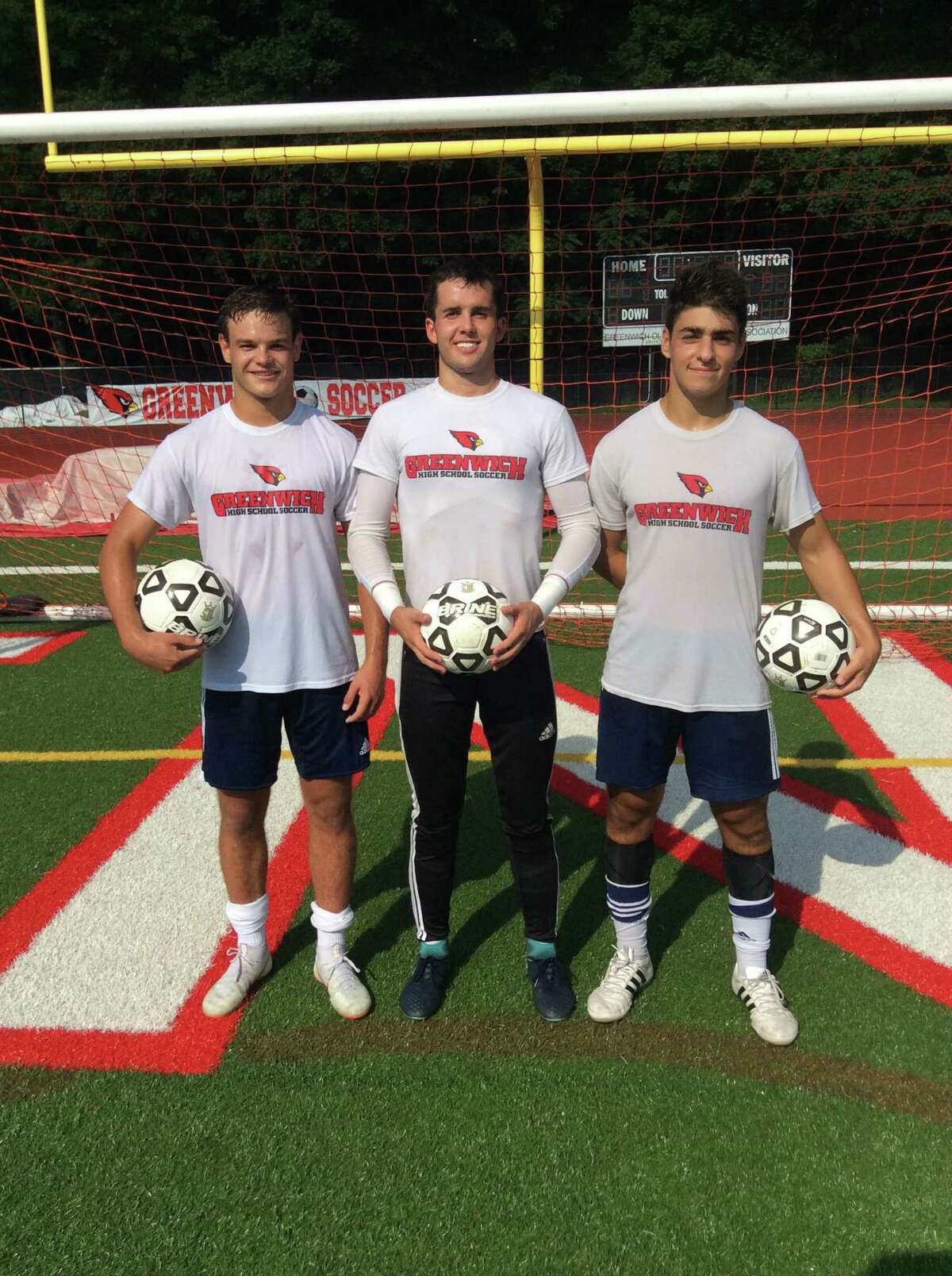 From left to right, Francisco Liguori, Jimmy Johnson and Ben Rifkin are senior captains of the Greenwich High School boys soccer team, which won the FCIAC championship in 2017.