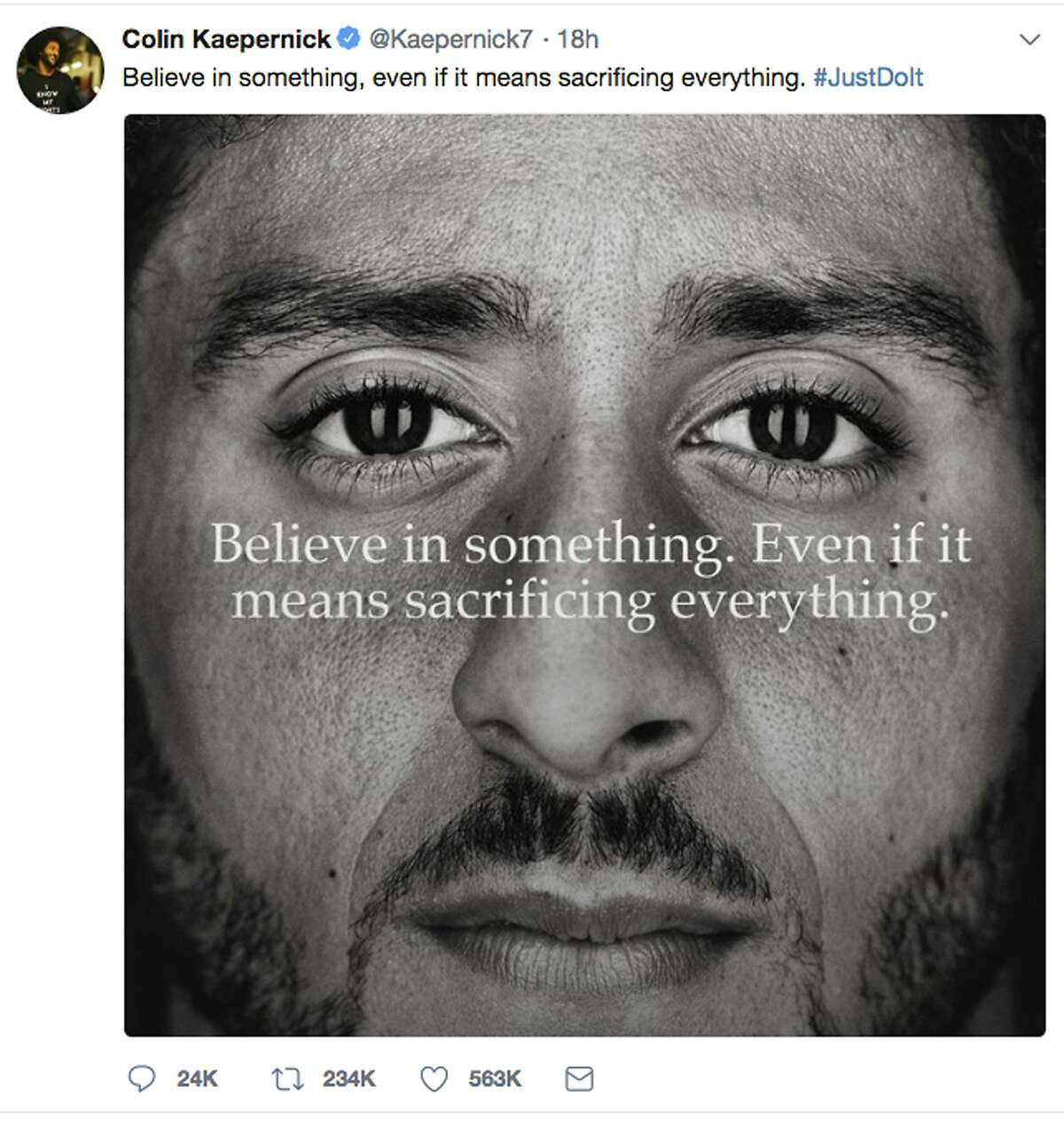 This image taken from the Twitter account of the former National Football League player Colin Kaepernick shows a Nike advertisement featuring him that was posted Monday, Sept. 3, 2018. Kaepernick already had a deal with Nike that was set to expire, but it was renegotiated into a multi-year deal to make him one of the faces of Nike's 30th anniversary "Just Do It" campaign, according to a person familiar with the contract. (Twitter via AP)
