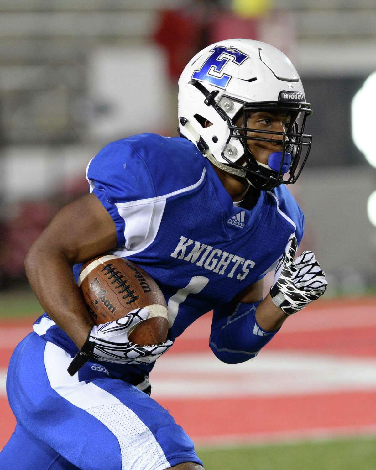 Jaylen Davis (1) of Episcopal returns a kickoff in the second quarter of SPC Football Championship game between the Kinkaid Falcons and the Episcopal Knights on November 11, 2017 at TDECU Stadium, Houston, TX.