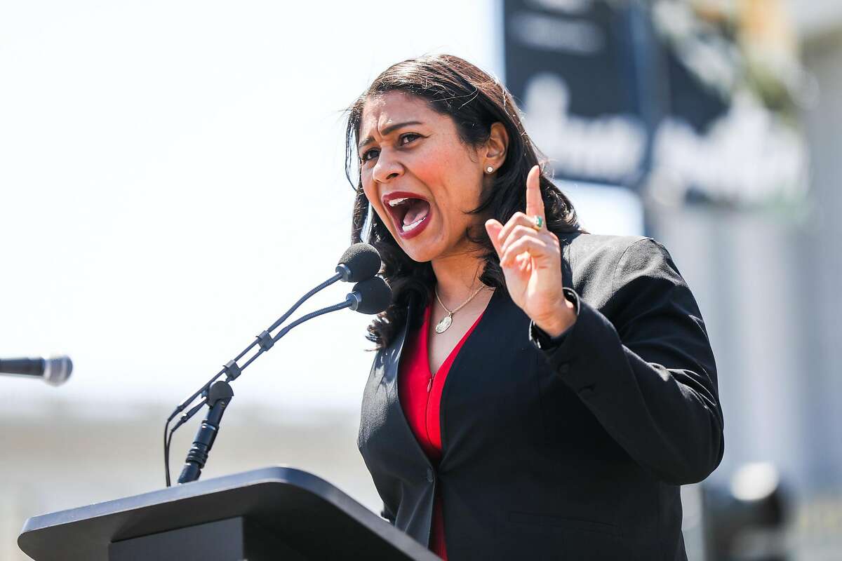 Mayor London Breed speaks at the start of the Unite For Justice rally promoting women's equality and protesting the Supreme Court nominee Brett Kavanaugh outside City Hall in San Francisco, California, on Sunday, Aug. 26, 2018.