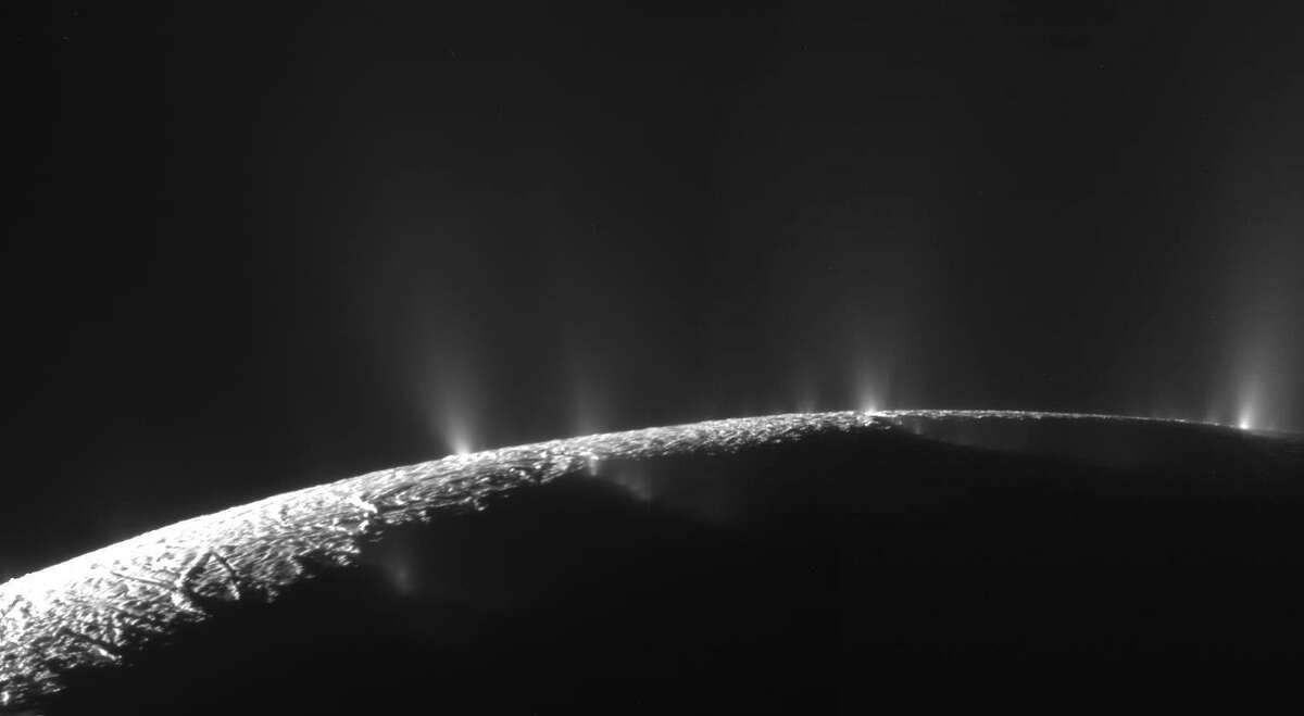 Enceladus12: Enormous jets of ice erupt from the pole of Enceladus, one of SaturnÃ¢Ã Ã´s moons. (NASA)