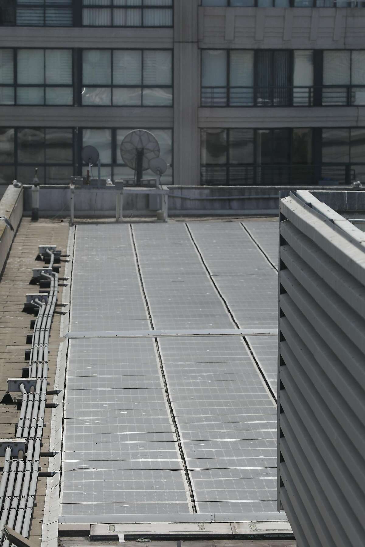 An existing solar array is seen on the roof of the Moscone Esplanade Ballroom on Tuesday, September 4, 2018 in San Francisco, Calif.