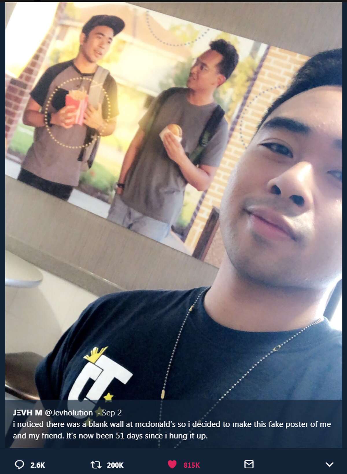 Jevh Maravilla decided to add some racial diversity to a McDonald's in Pearland by adding a photo of him and a friend to the wall as a prank.