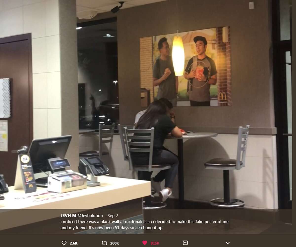Jevh Maravilla decided to add some racial diversity to a McDonald's in Pearland by adding a photo of him and a friend to the wall as a prank.