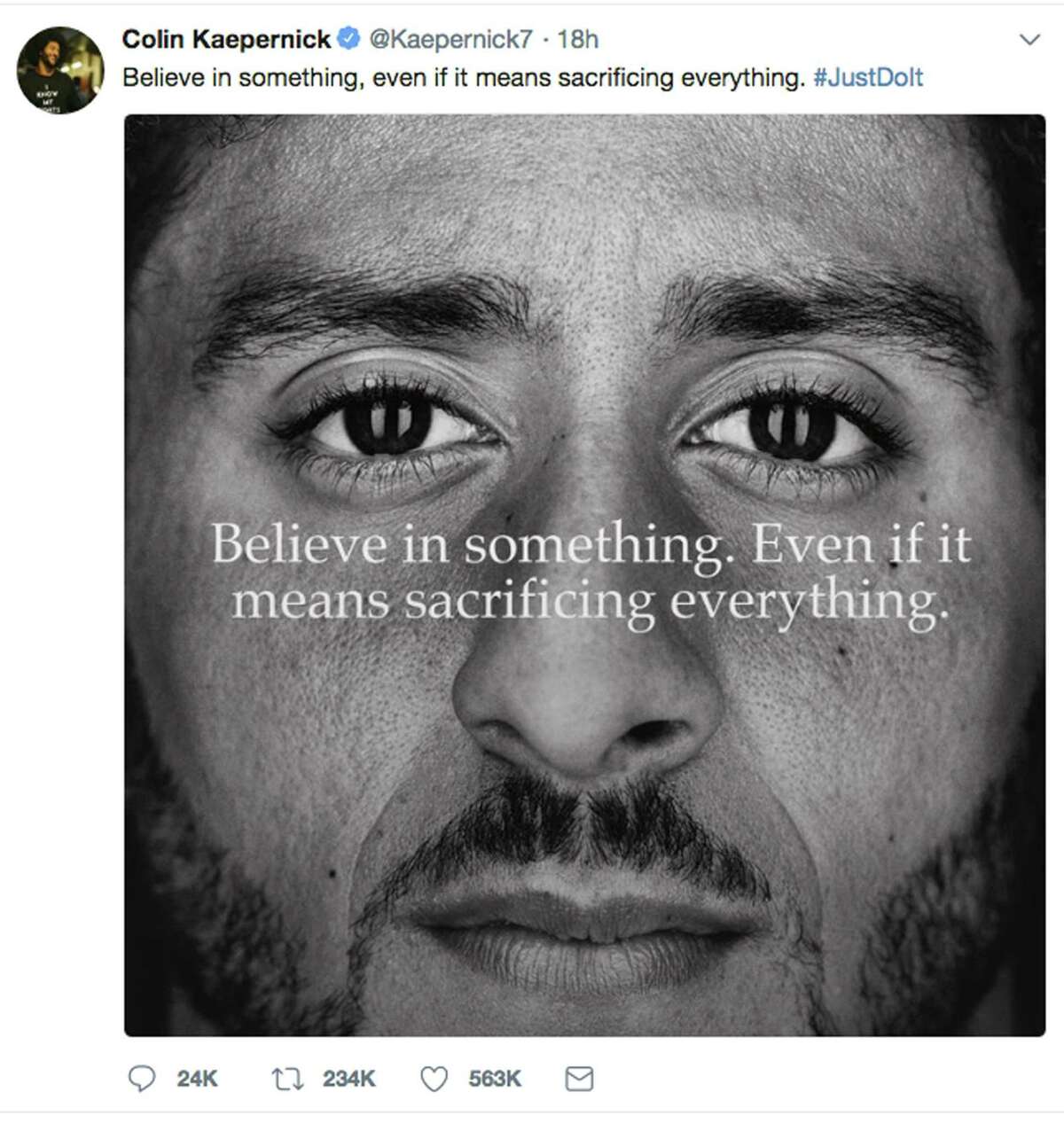 This image taken from the Twitter account of former NFL player Colin Kaepernick shows a Nike advertisement featuring him that was posted on Sept. 3. Kaepernick already had a deal with Nike that was set to expire, but it was renegotiated into a multi-year deal to make him one of the faces of Nike's 30th anniversary "Just Do It" campaign.